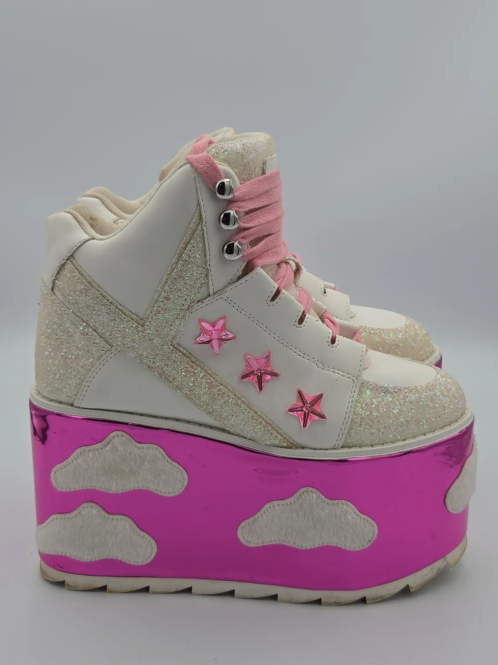 YRU Pink Glitter Cloud Platform Sneakers with Star Accents Size 7